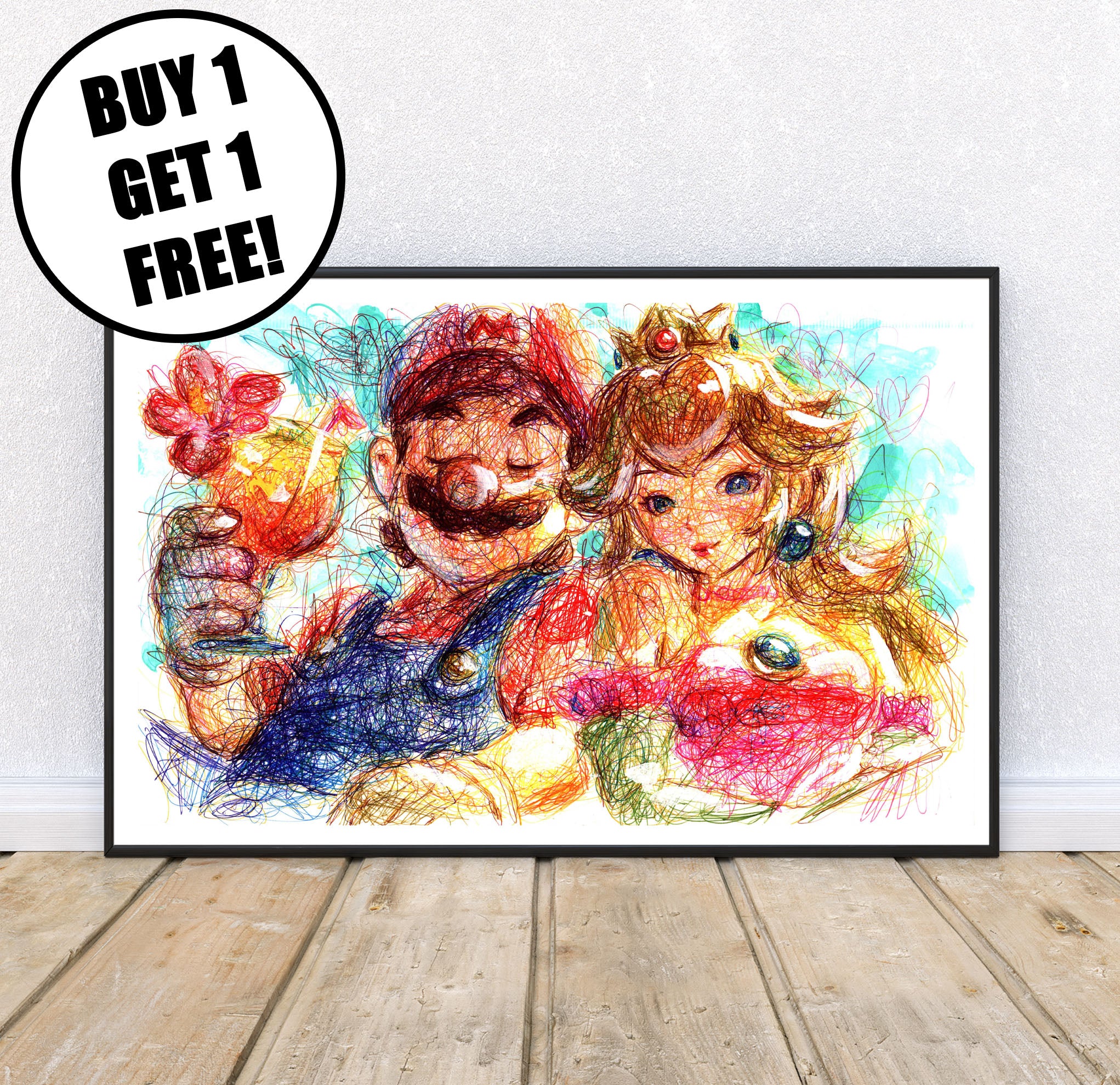 Mario and Peach Ballpoint Pen Print