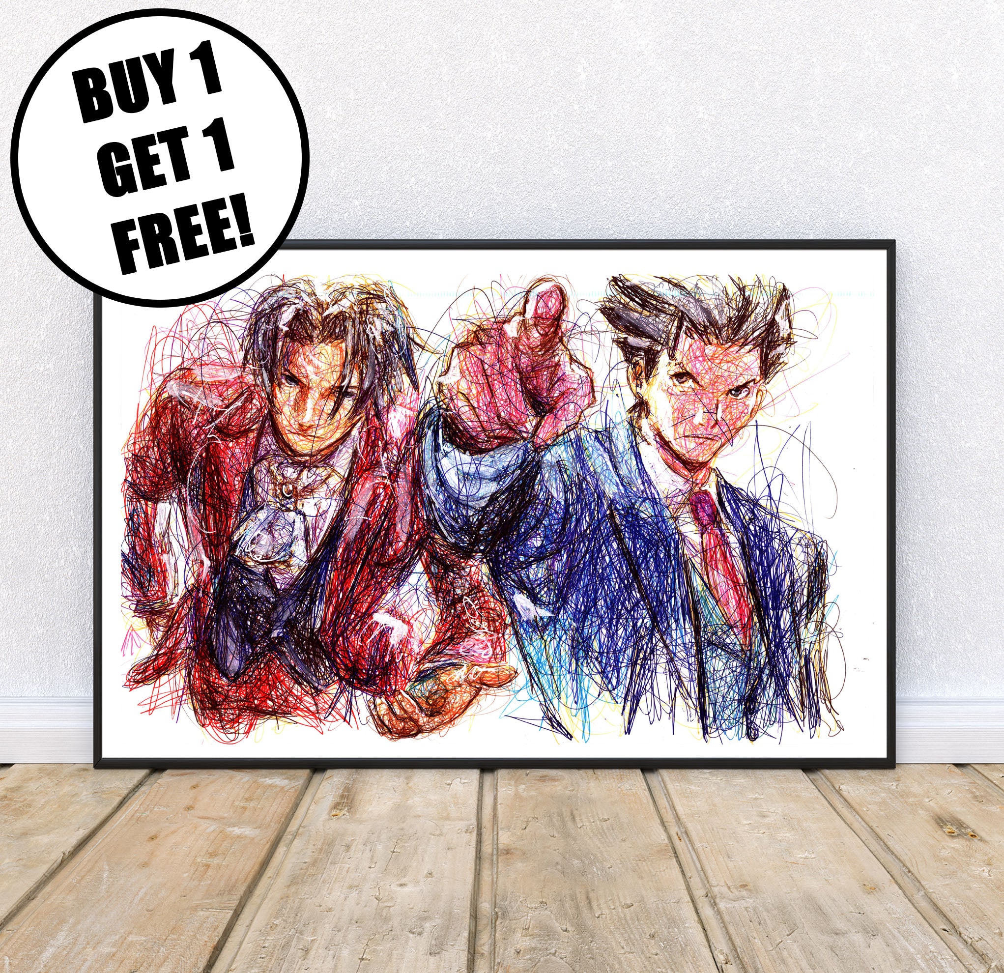 Phoenix Wright and Mile Edgeworth Ballpoint Pen Print